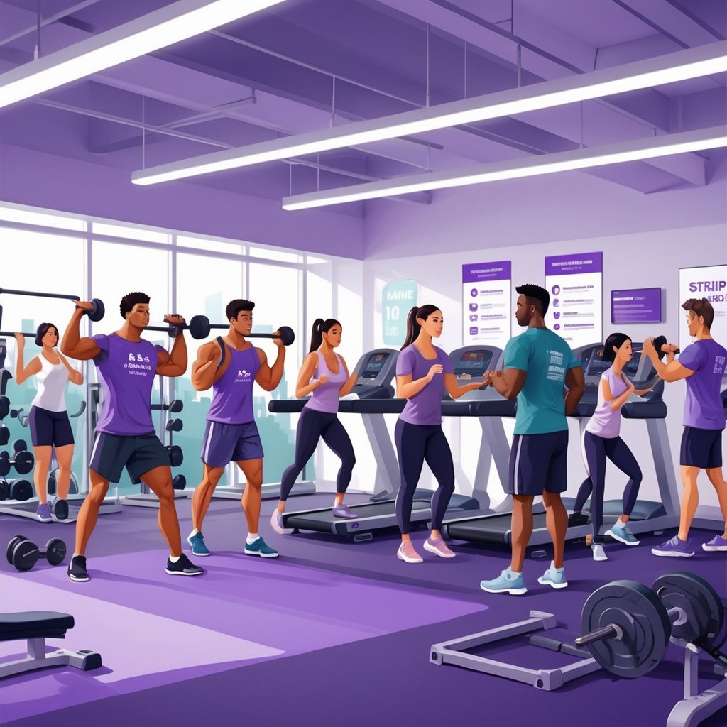 A group of young adults exercising in a bright gym with various fitness equipment and a staff member assisting, representing a student-friendly fitness environment.