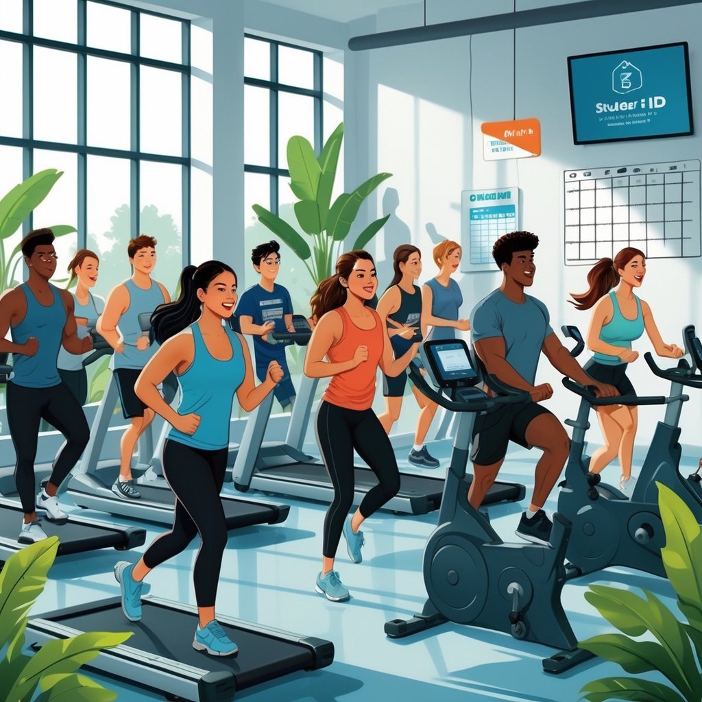 A group of college-aged people working out together in a bright, modern gym with exercise machines and natural light.