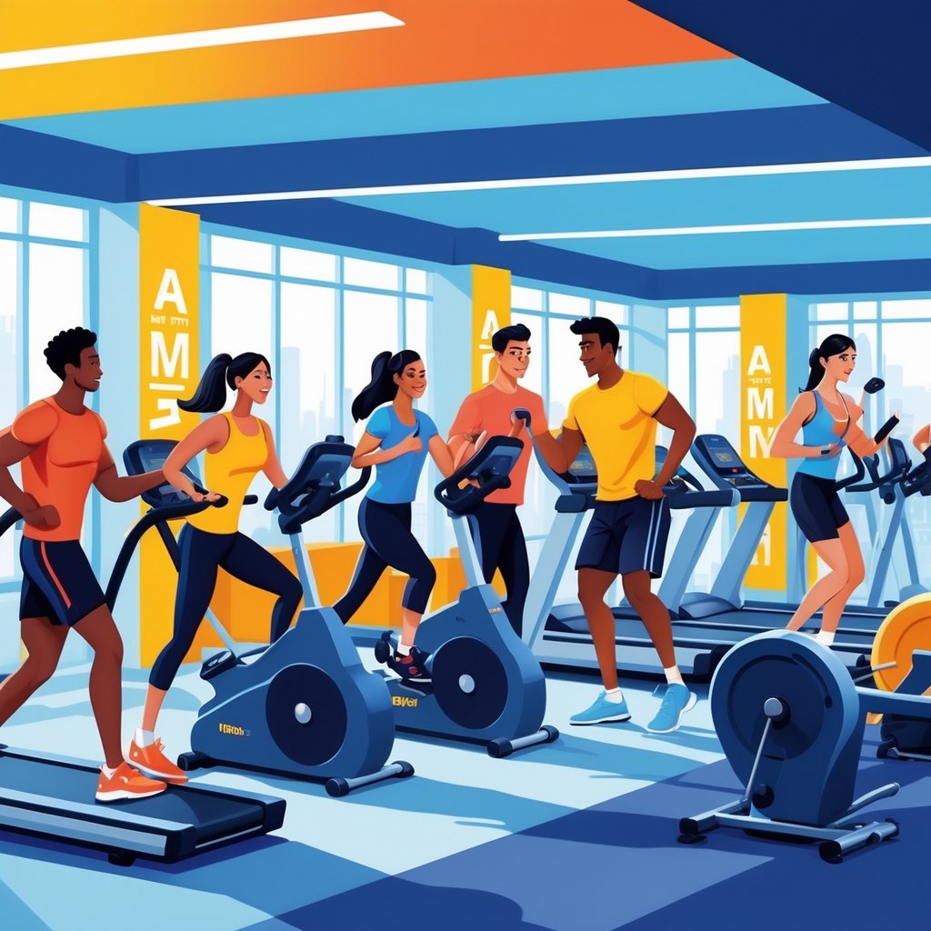 A group of young adults exercising in a modern gym with a trainer providing guidance, showing an active and welcoming fitness environment.