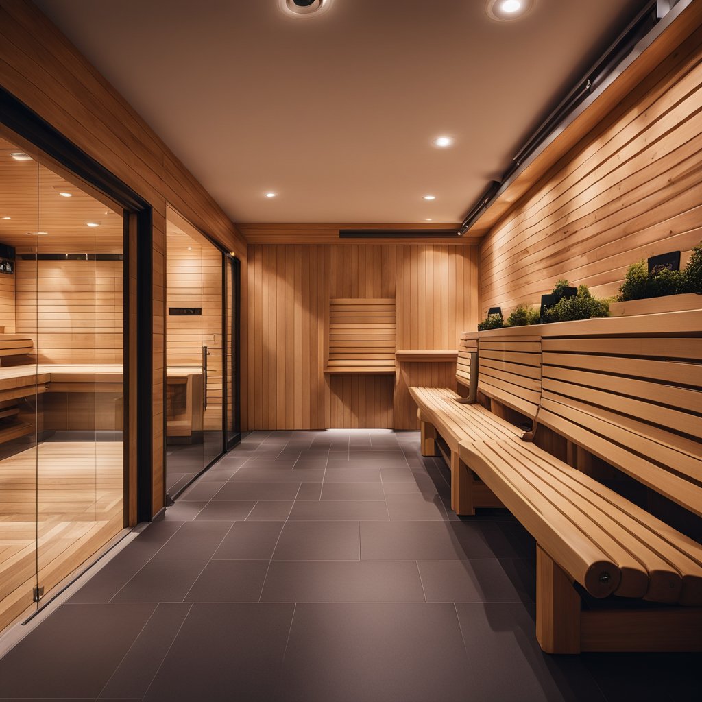 A spacious sauna room at Planet Fitness, with wooden benches, a glass door, and soft ambient lighting