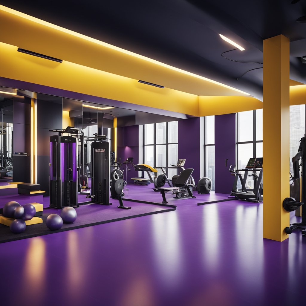 A spacious gym with modern equipment, bright yellow and purple color scheme, and a separate area for a sauna