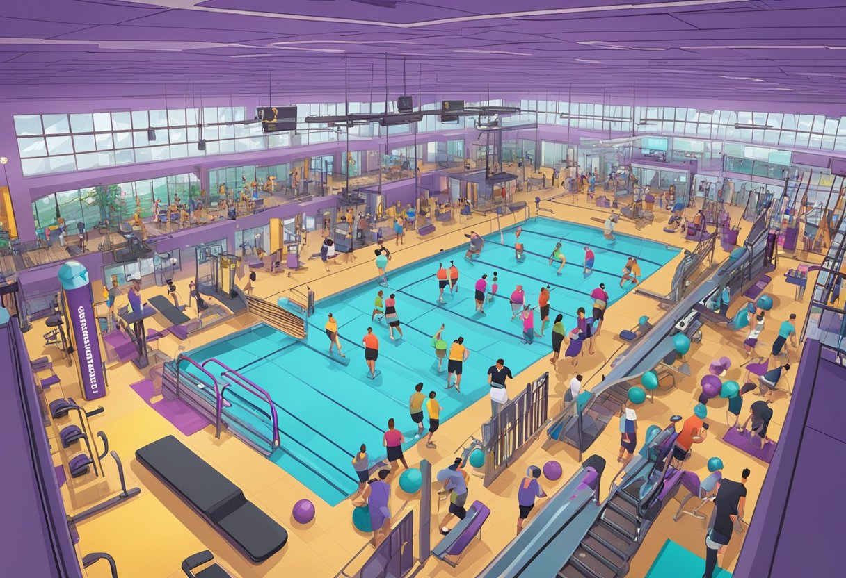 A crowded Planet Fitness gym with a large indoor pool area, surrounded by exercise equipment and people working out