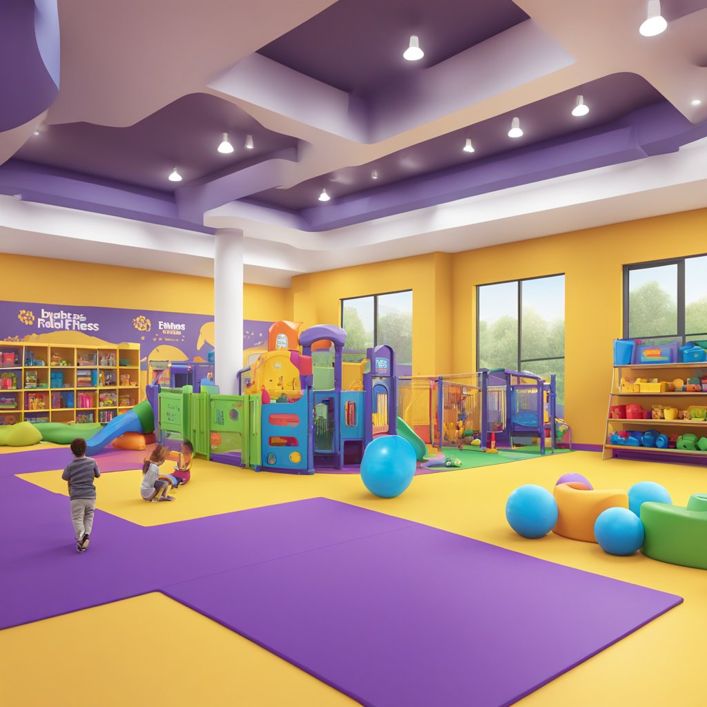 A child care area inside a Planet Fitness gym, with colorful toys, books, and soft play mats