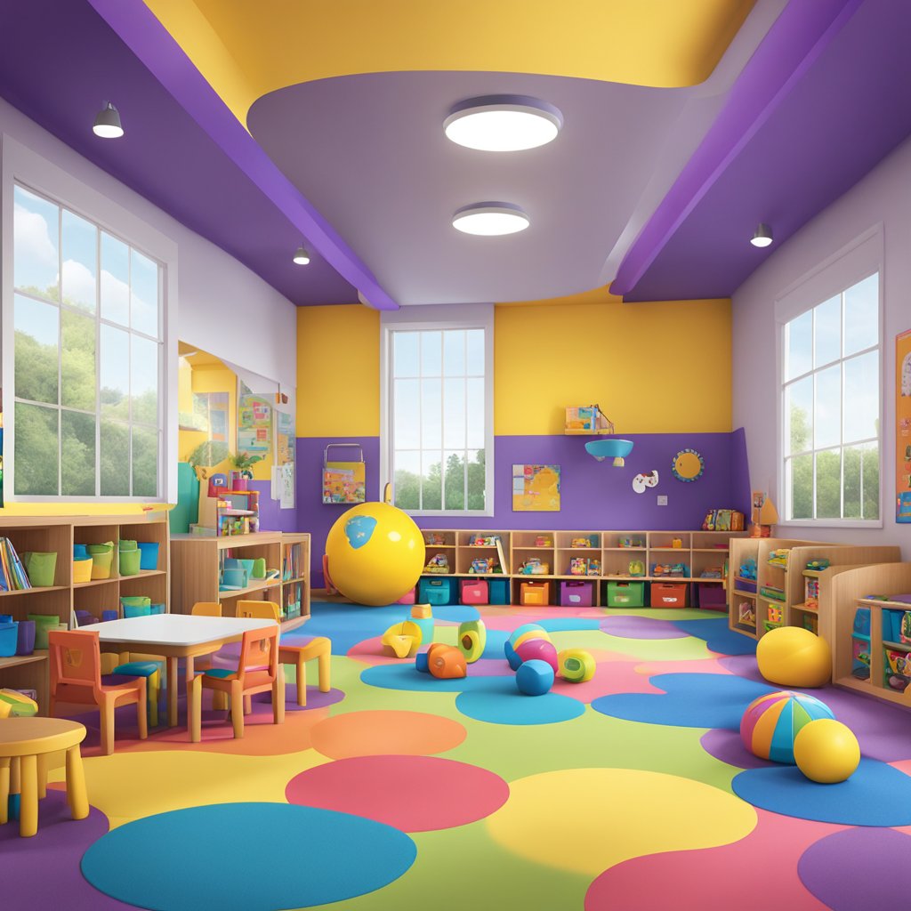 A colorful, inviting child care area within a Planet Fitness facility, with toys, books, and comfortable seating for children