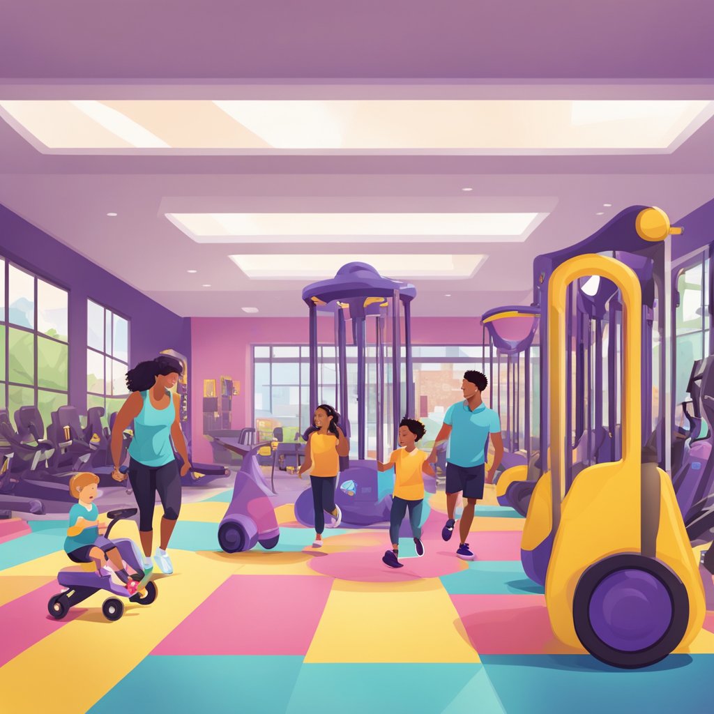 Parents dropping off children at a designated play area inside a Planet Fitness gym