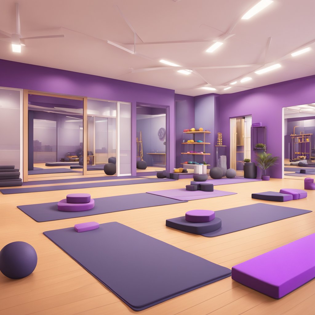 A spacious yoga studio at Planet Fitness with mats, blocks, and soothing lighting