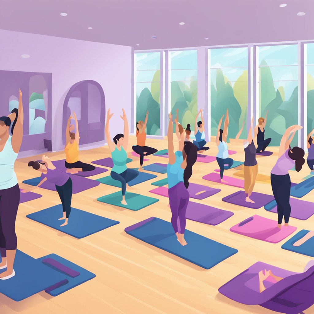 A serene yoga class at Planet Fitness with mats and participants in various poses