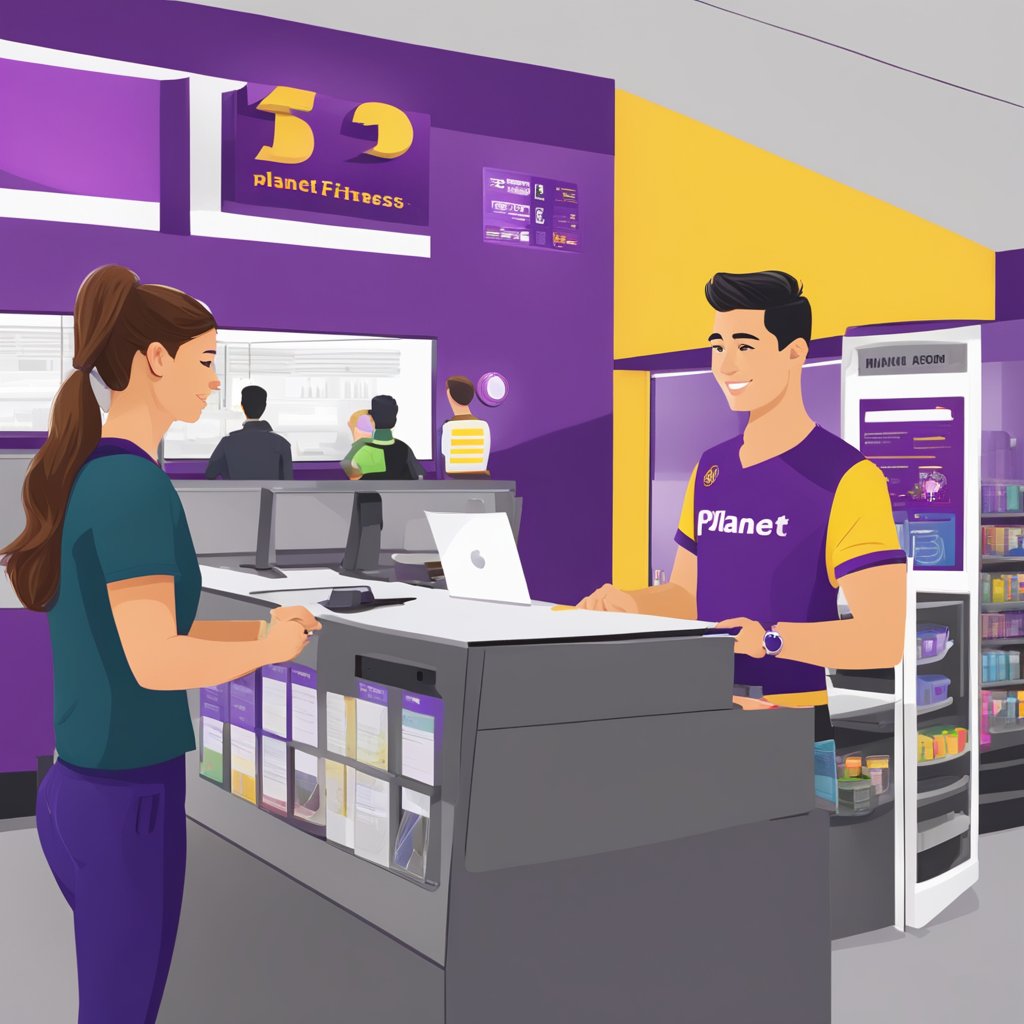 A student presenting their ID at the Planet Fitness front desk while the staff member processes the discount