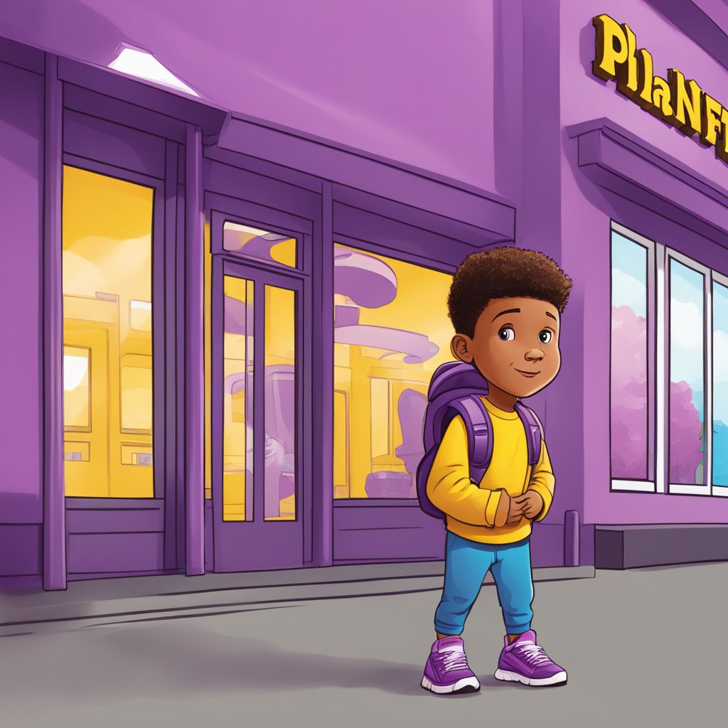 A child outside Planet Fitness, looking at the sign with a question mark above their head