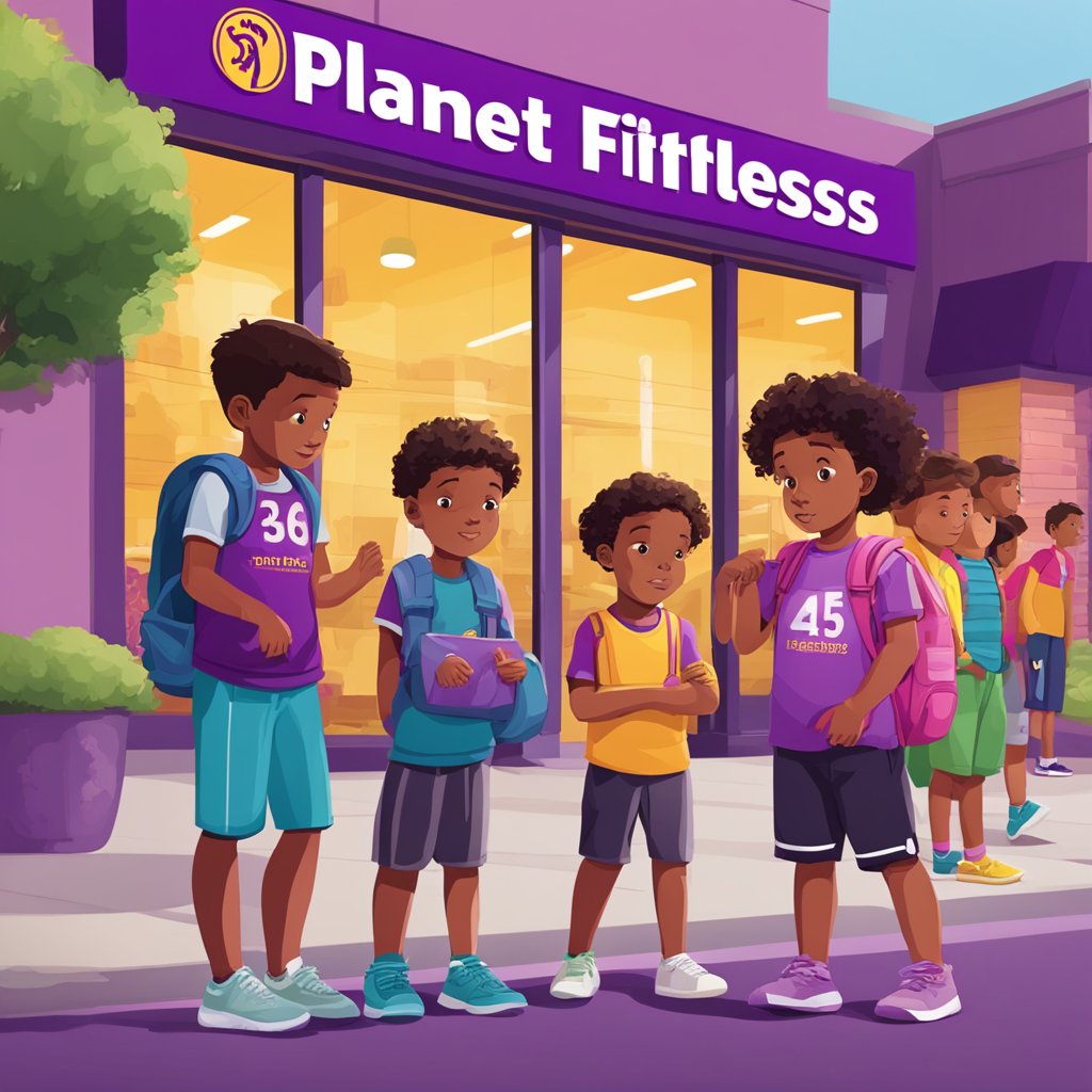 A group of children stands outside a Planet Fitness location, looking at a sign with age policies. Some children look disappointed while others seem determined