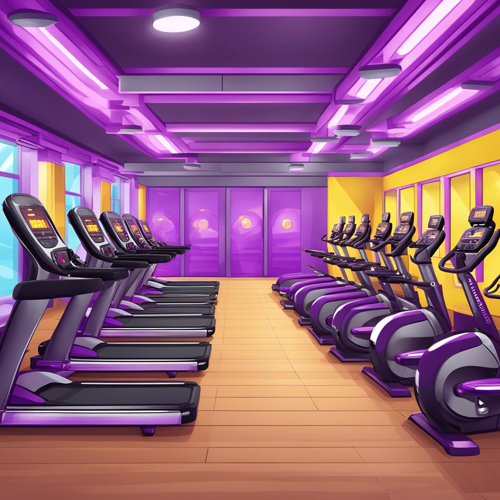 A Planet Fitness gym with rows of tanning beds and UV lamps