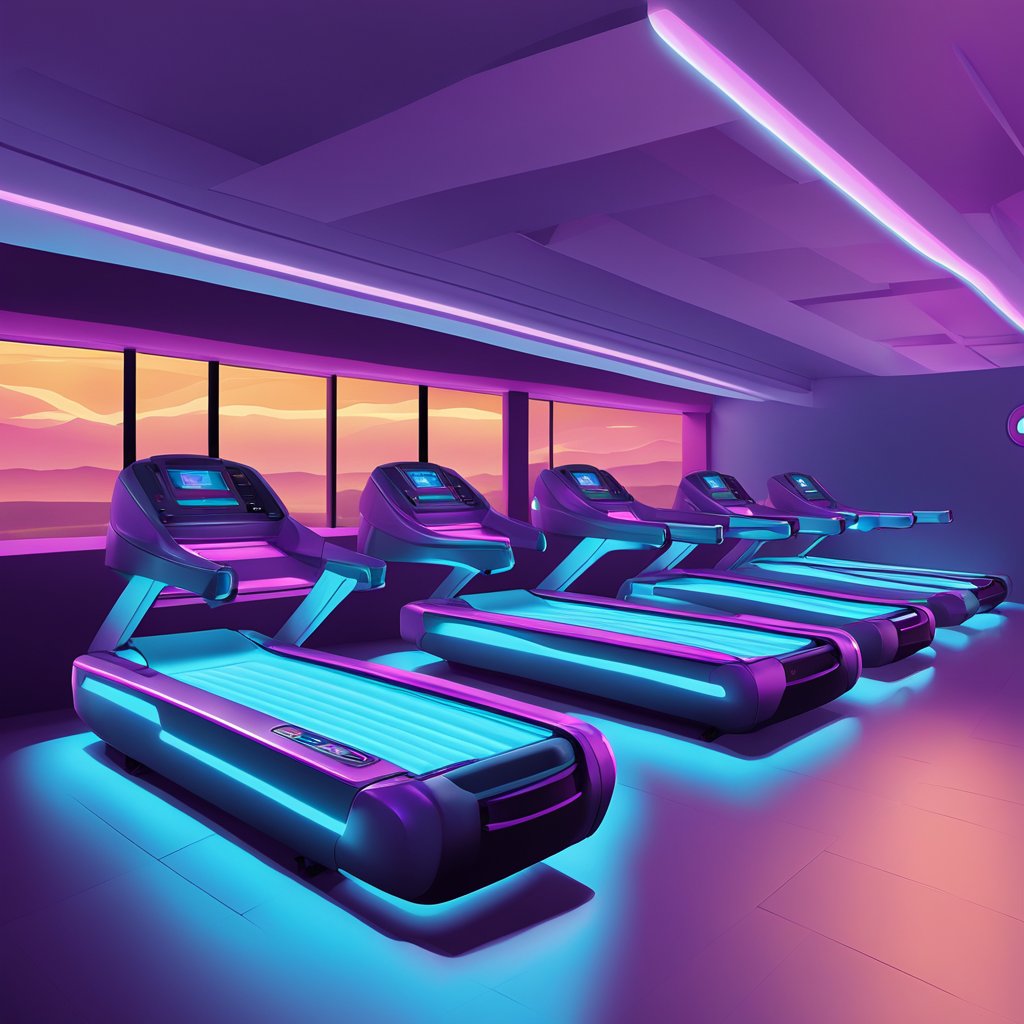 A row of tanning beds in a dimly lit room at Planet Fitness, with a soothing blue glow emanating from the machines