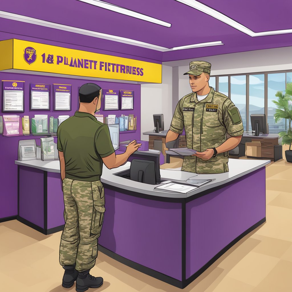A military member presenting their ID at a Planet Fitness front desk