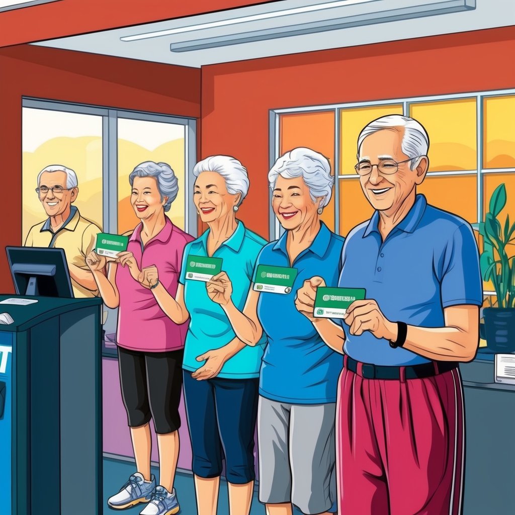 Elderly individuals exercising at Planet Fitness, showing their membership cards to receive discounts at the front desk