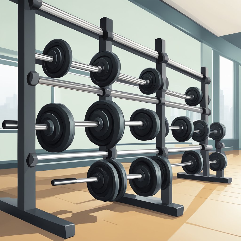 A row of barbells neatly organized on a rack in a spacious, well-lit gym