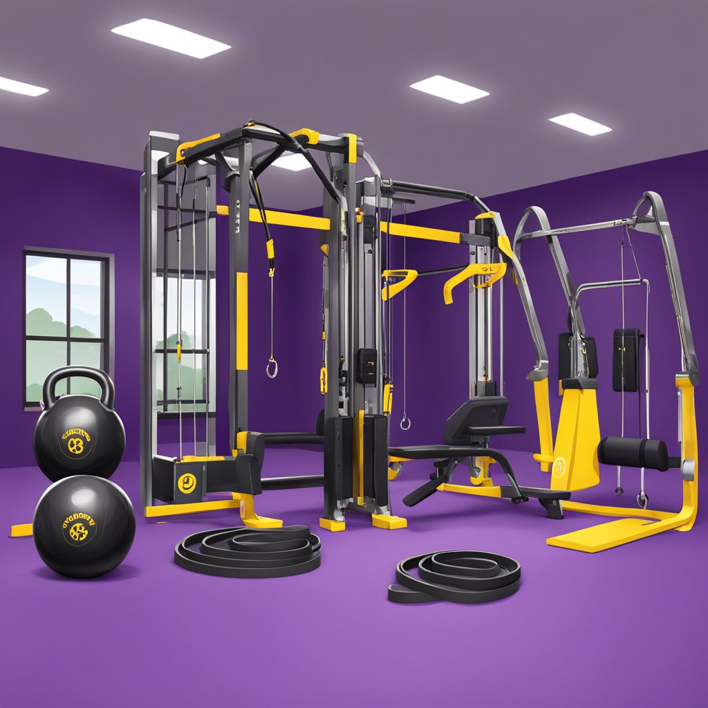 A set of resistance bands, kettlebells, and weight machines at Planet Fitness