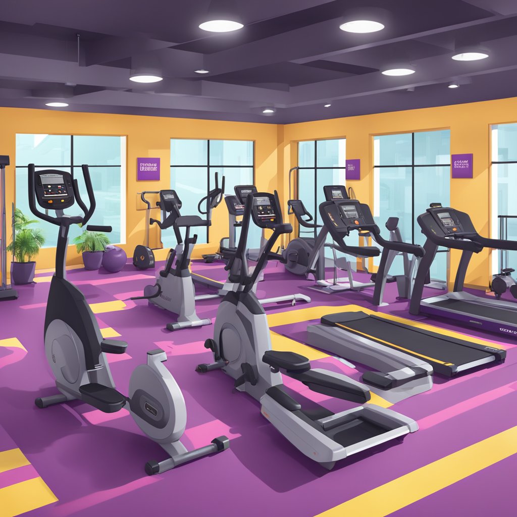 A busy gym floor with cardio machines and weight equipment, branded with Planet Fitness and Anytime Fitness logos