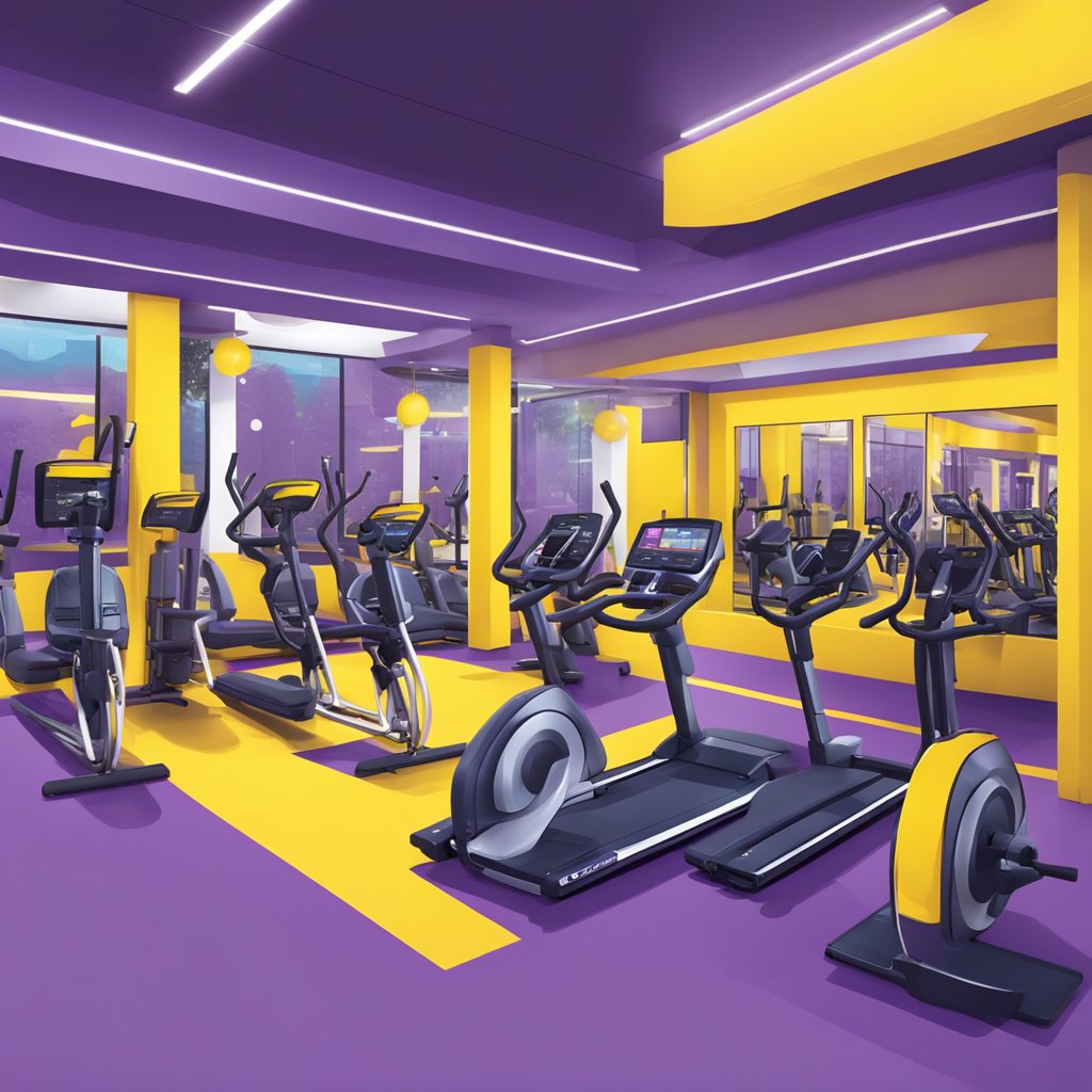 A crowded Planet Fitness with bright yellow and purple decor contrasts with a more spacious and modern Anytime Fitness with blue and white color scheme