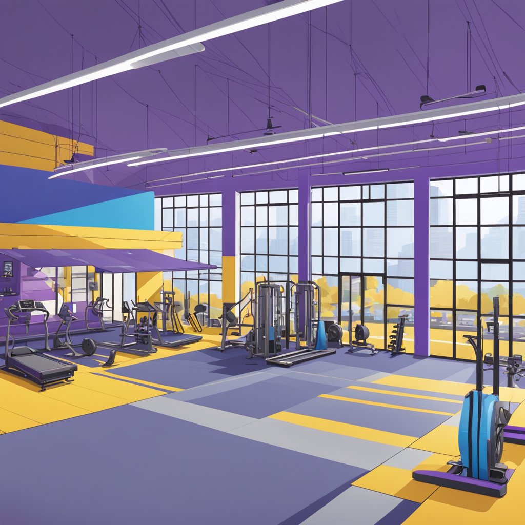 Two gyms side by side, one with bright purple and yellow decor, the other with blue and white. Equipment visible through windows, parking lot filled with cars