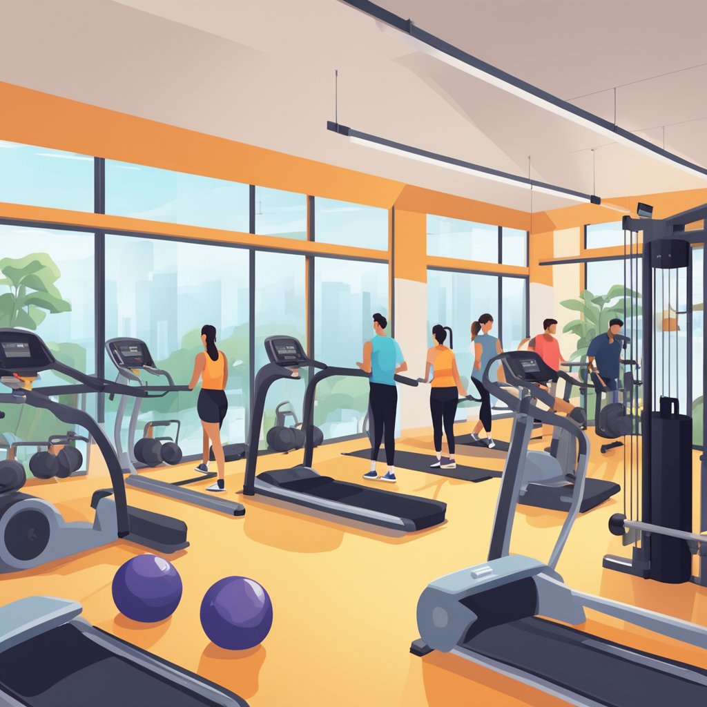 A busy gym with cardio and weight equipment, people working out with trainers and in group fitness classes. Bright, modern atmosphere with branded decor