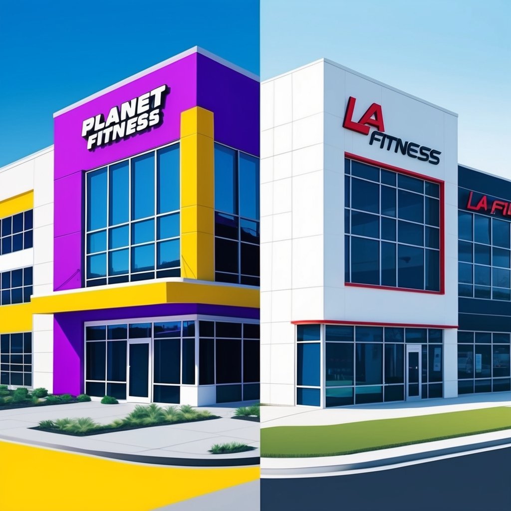 Two fitness centers side by side, each with their own distinct logo and branding. The Planet Fitness building is bright purple and yellow, while the LA Fitness building is sleek and modern with a red and white color scheme