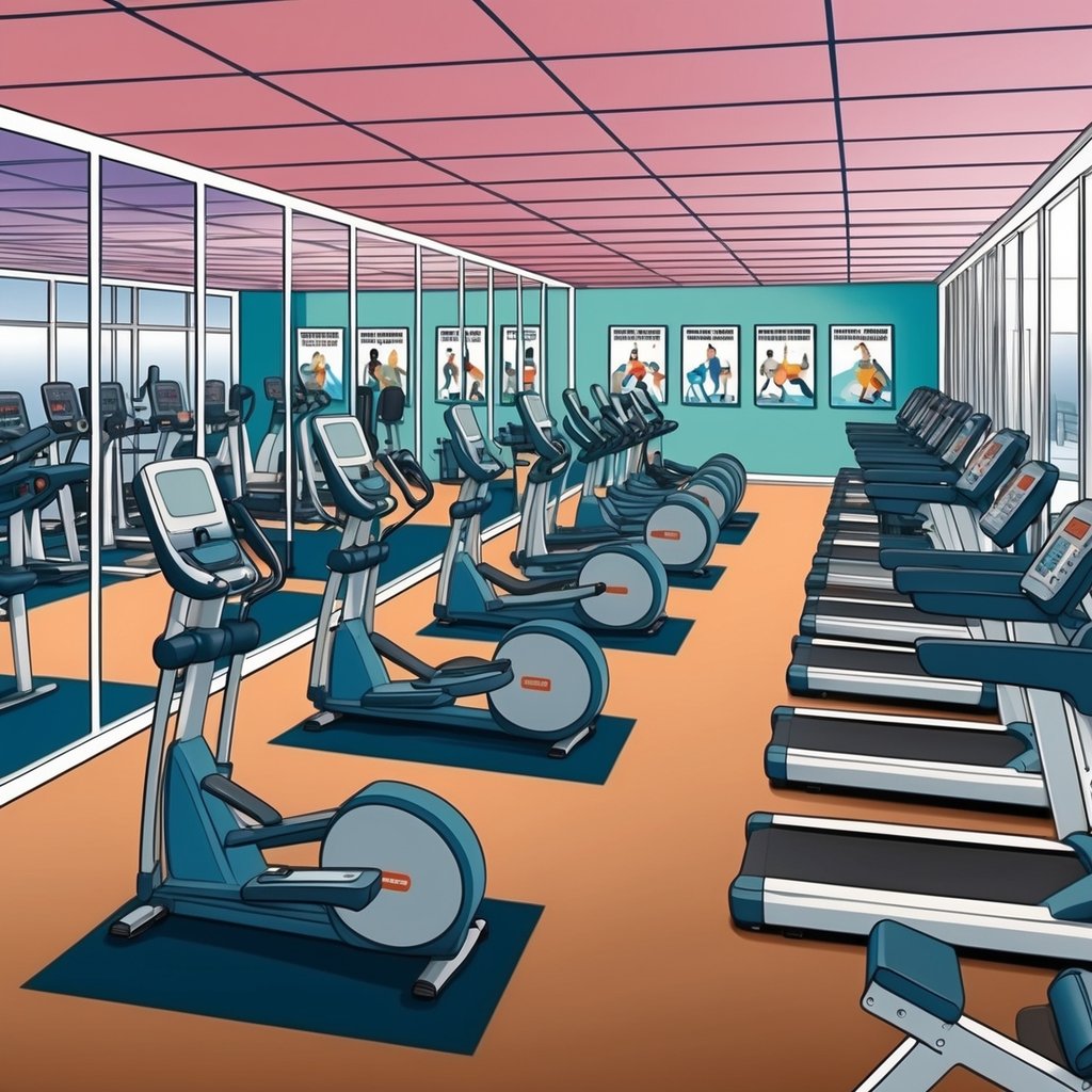 A busy gym floor with rows of cardio machines and weightlifting equipment, surrounded by mirrored walls and motivational posters