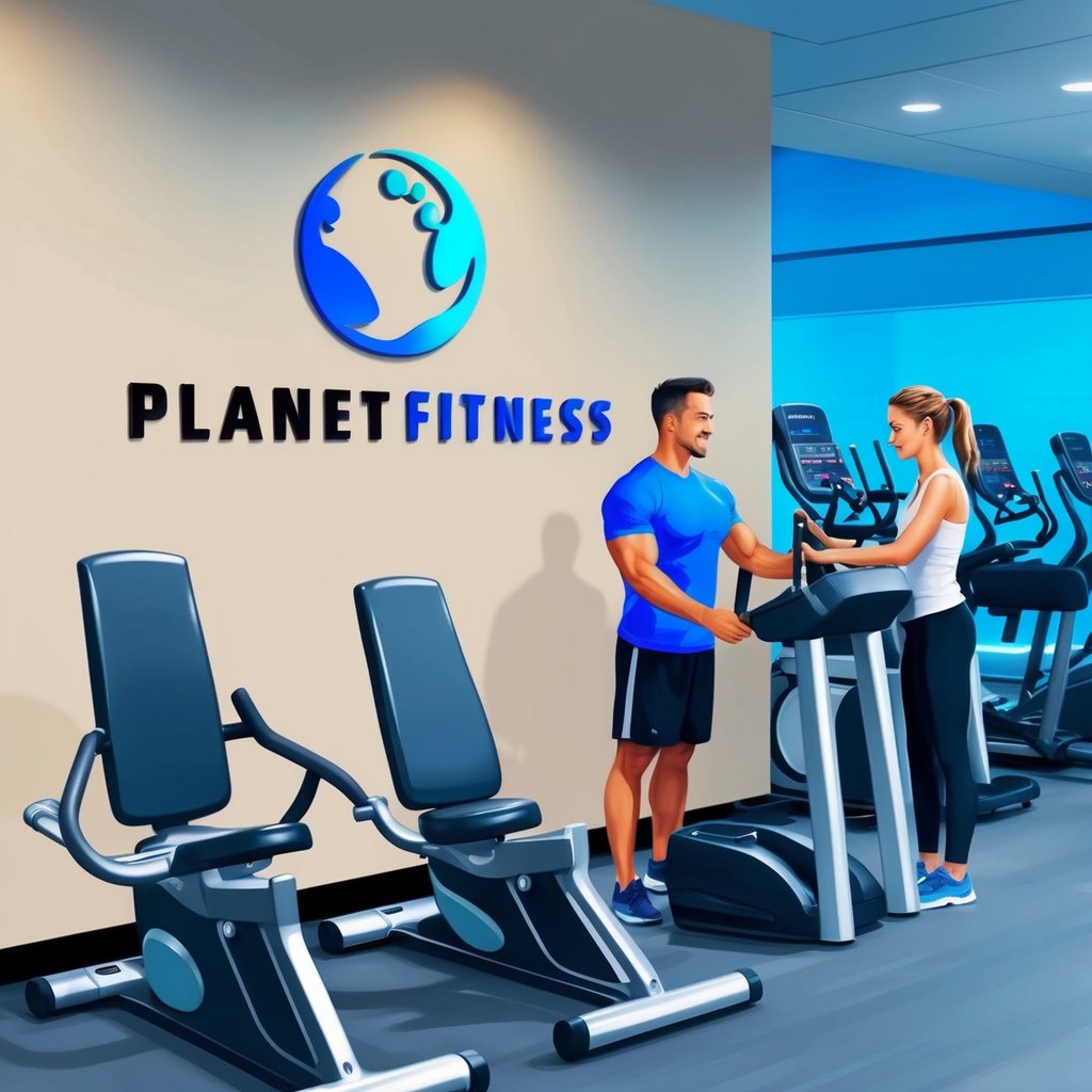 A Planet Fitness logo displayed on a wall next to a row of exercise machines, with a personal trainer assisting a client nearby