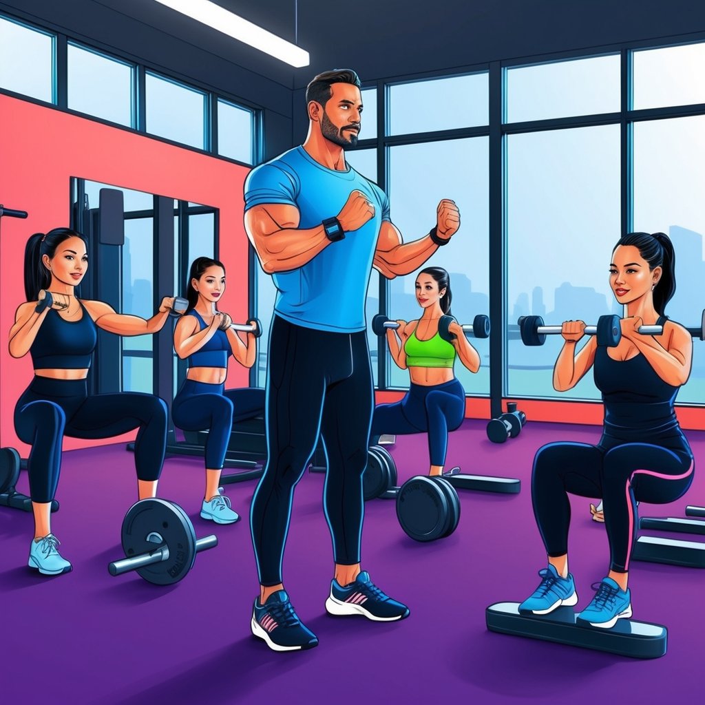 A personal trainer leads a workout session at Planet Fitness, while other gym members exercise independently