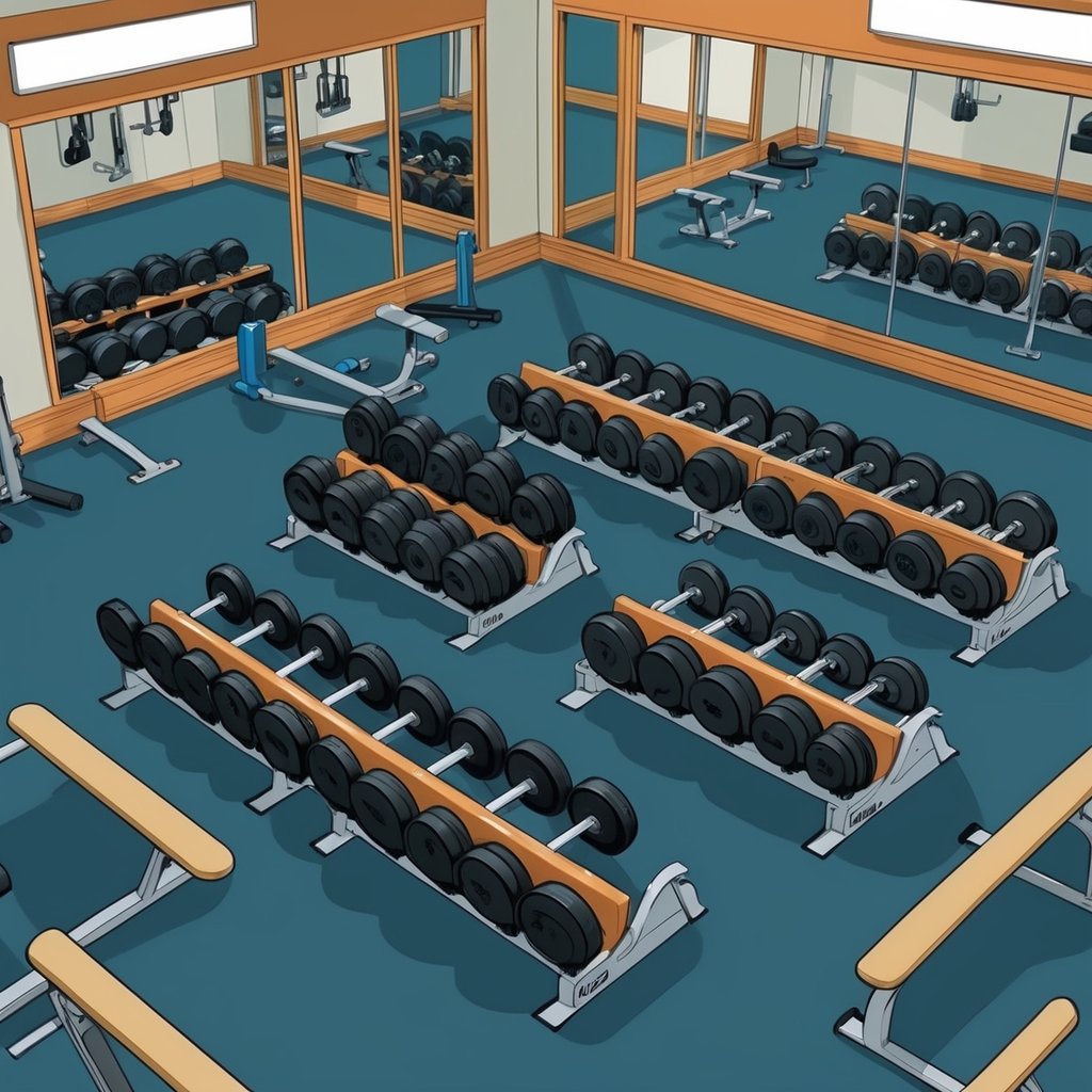 A spacious gym floor with various free weights neatly organized in racks, surrounded by exercise equipment and mirrors