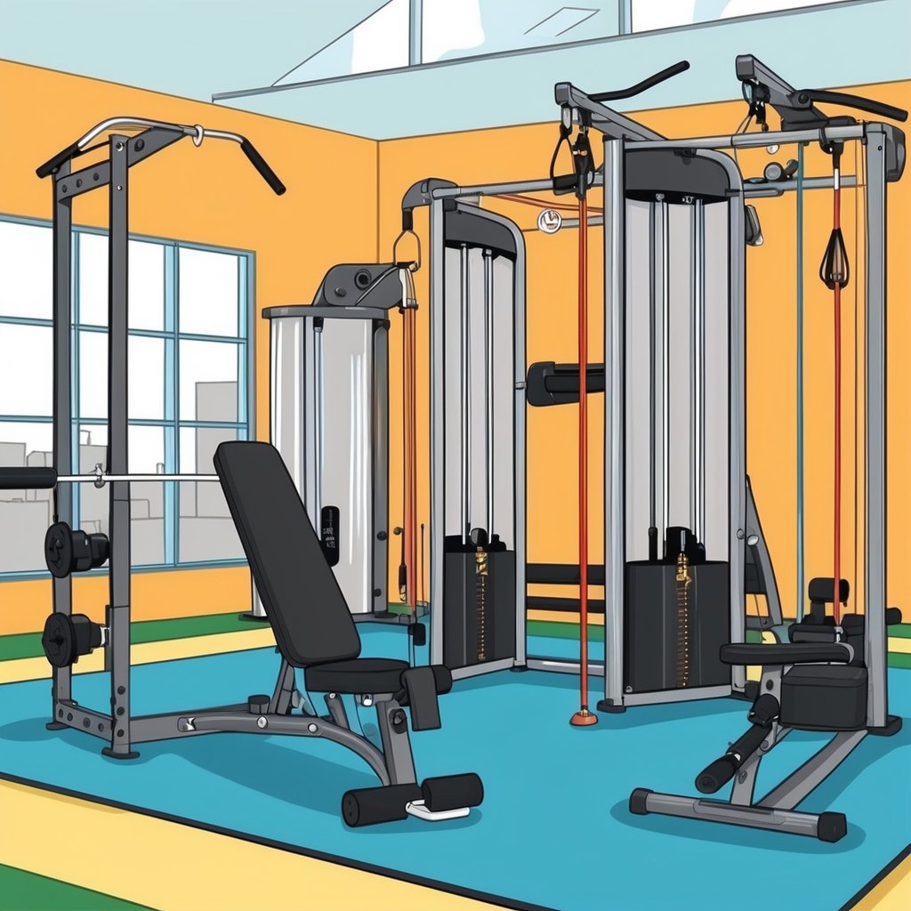 A gym scene with various strength training equipment, including free weights, machines, and resistance bands