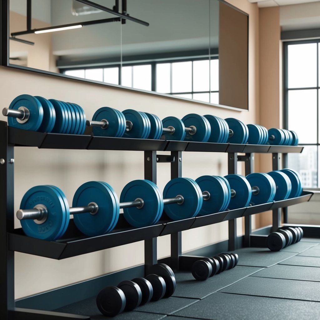 Dumbbells and barbells arranged neatly on a rack in a well-lit gym