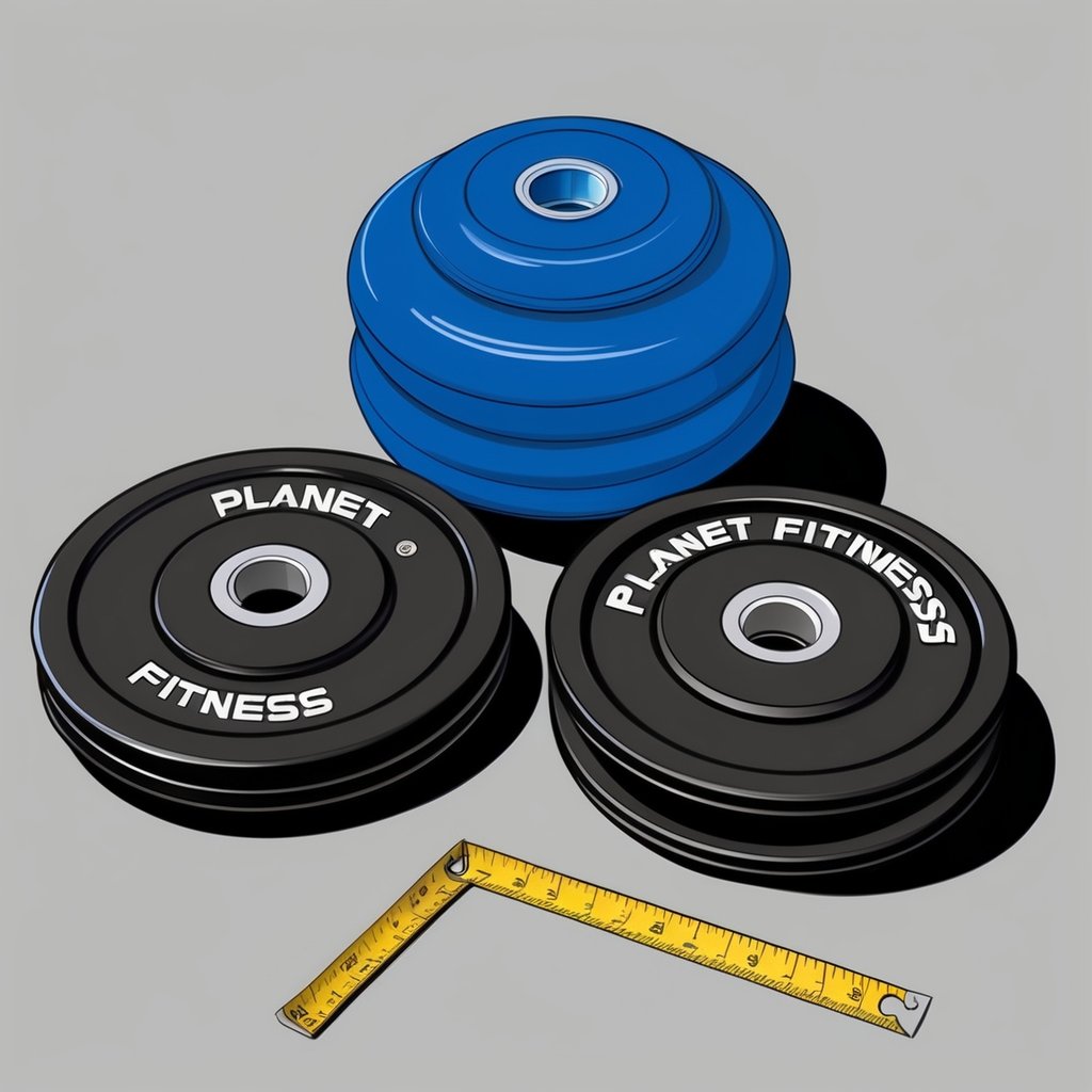 A set of Planet Fitness weights is placed next to a standard weight set, with a measuring tape to compare the size and dimensions