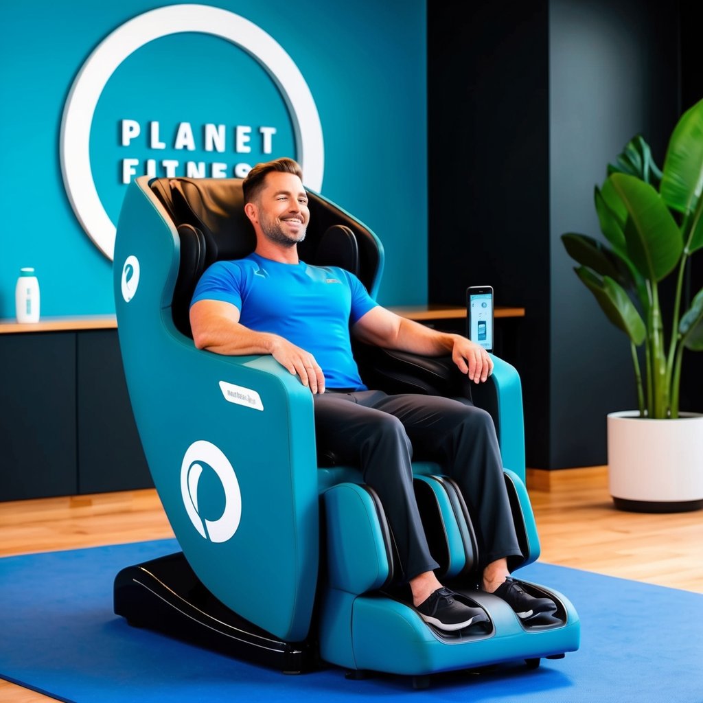 A guest sits in a massage chair at Planet Fitness, enjoying the relaxation after a workout