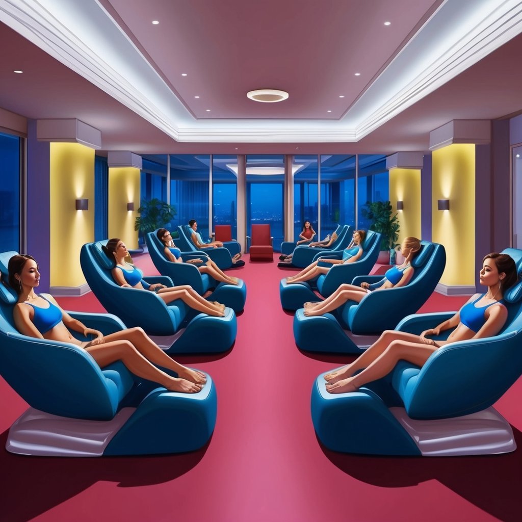 Planet Fitness guests enjoying massage chairs in a spacious, well-lit relaxation area