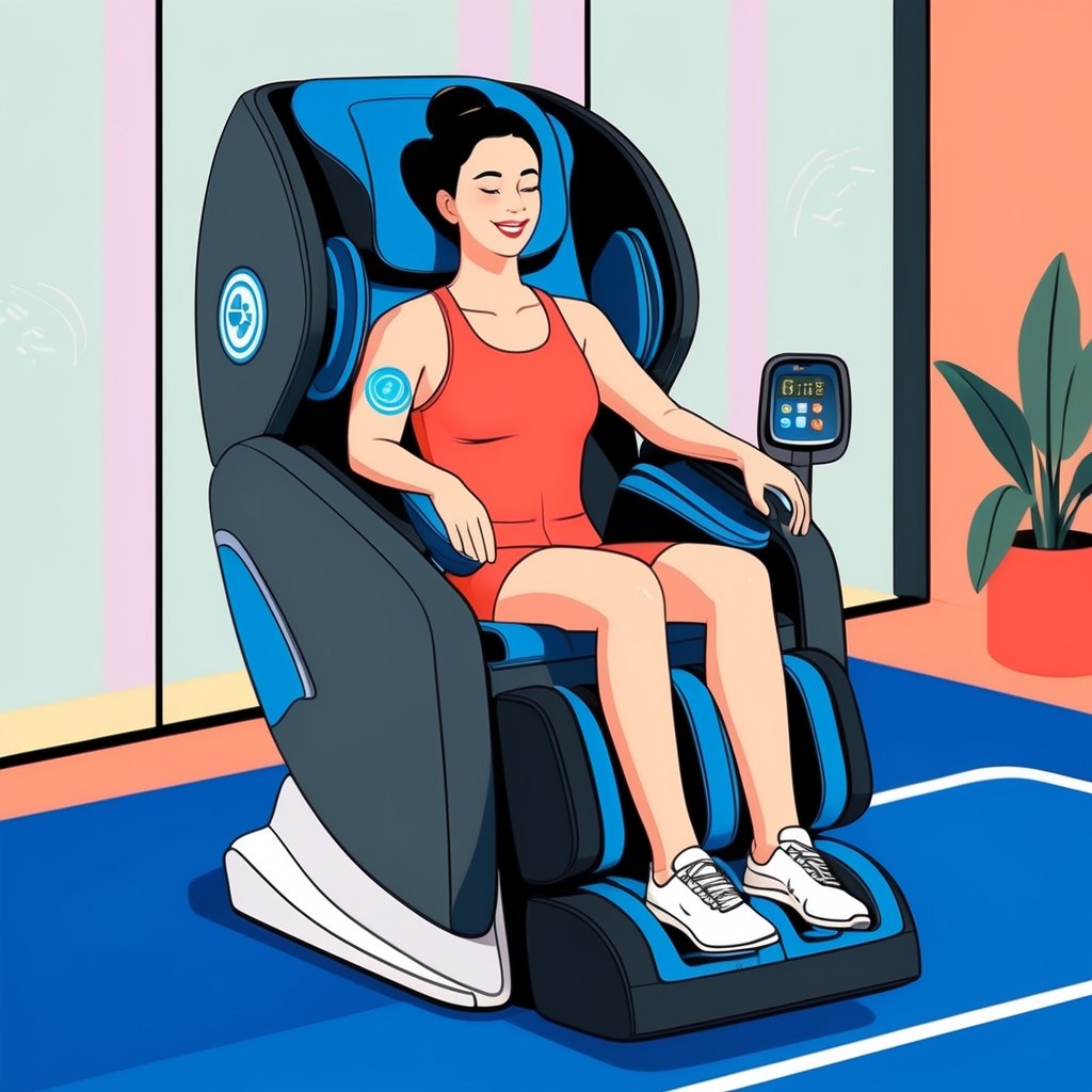 A person sits comfortably in a massage chair at Planet Fitness, enjoying the soothing vibrations and pressure on their back and shoulders