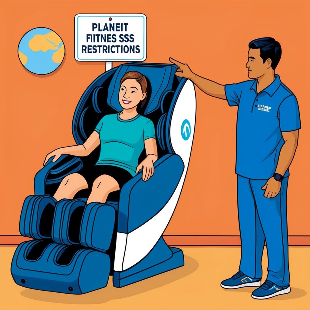 A guest at Planet Fitness attempts to use a massage chair but is stopped by a staff member, pointing to a sign with the restrictions