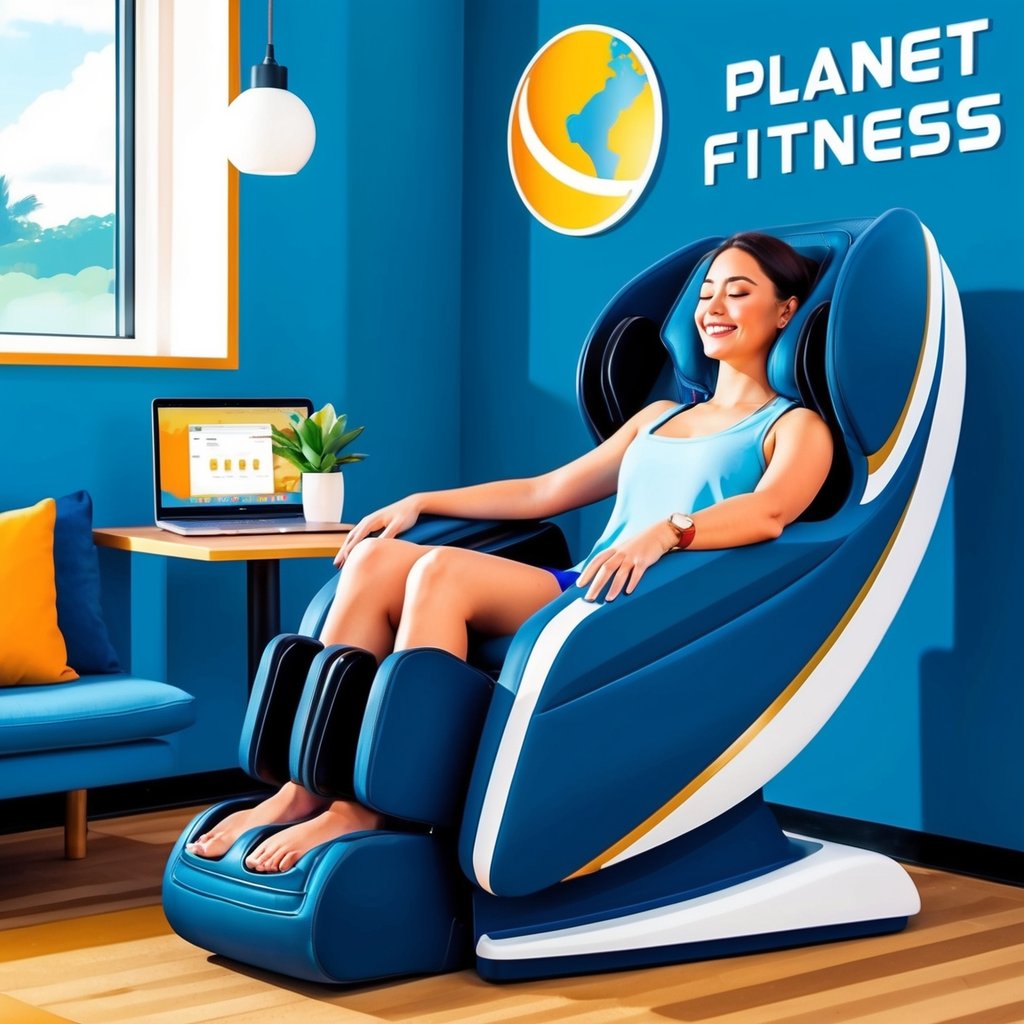 A massage chair at Planet Fitness, with a guest enjoying the benefits of relaxation and stress relief