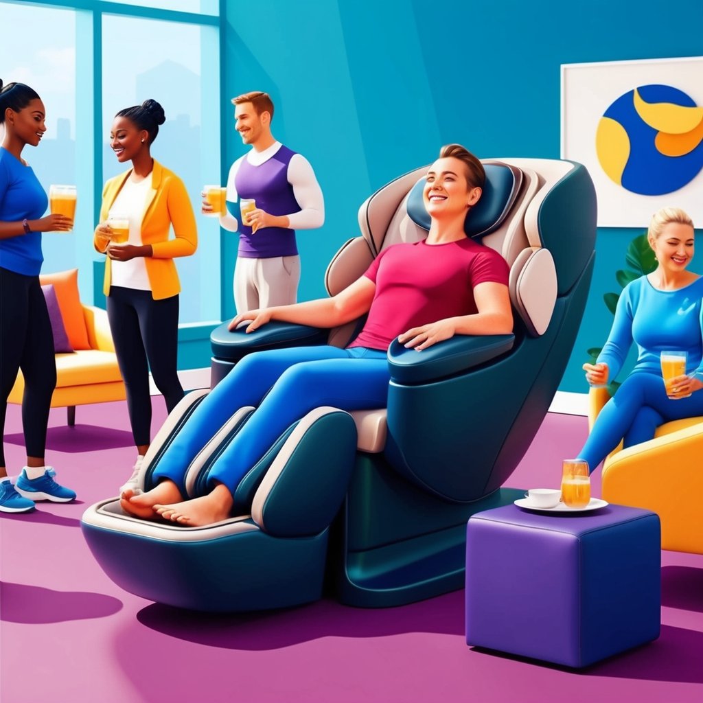 A guest at Planet Fitness sits in a cozy massage chair, enjoying a relaxing session. Nearby, other guests chat and sip on complimentary beverages