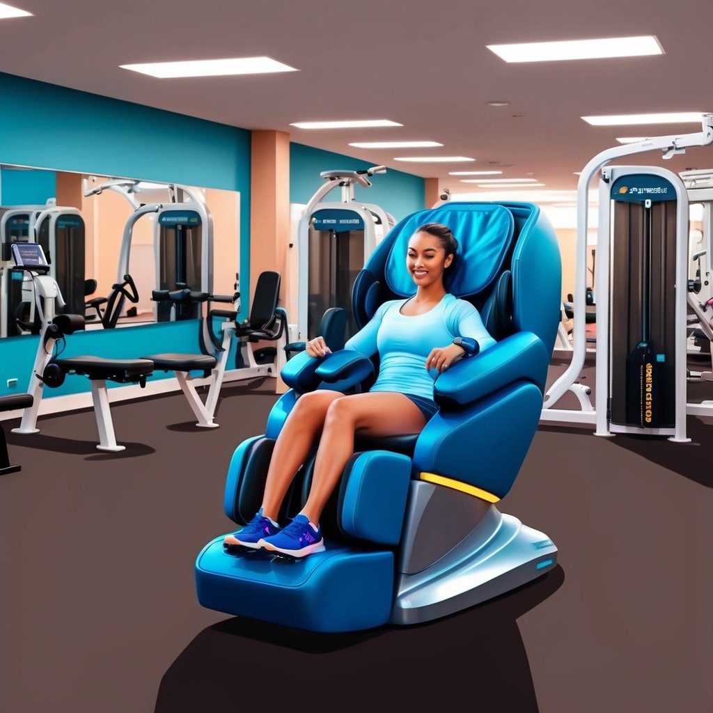 A person sitting in a massage chair at Planet Fitness, surrounded by exercise equipment and other gym amenities