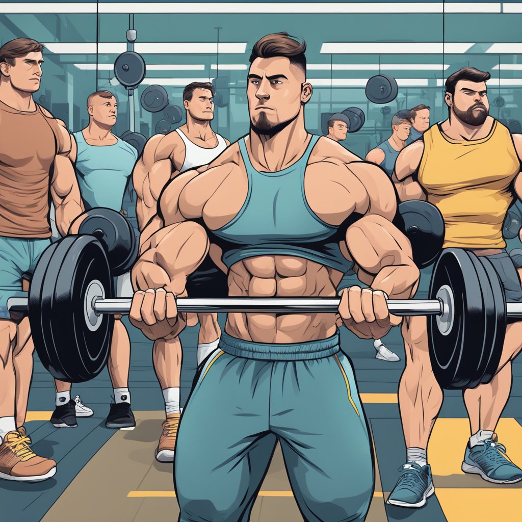 A muscular figure lifting heavy weights in a gym, while other gym-goers look annoyed and cover their ears as the lunk alarm blares