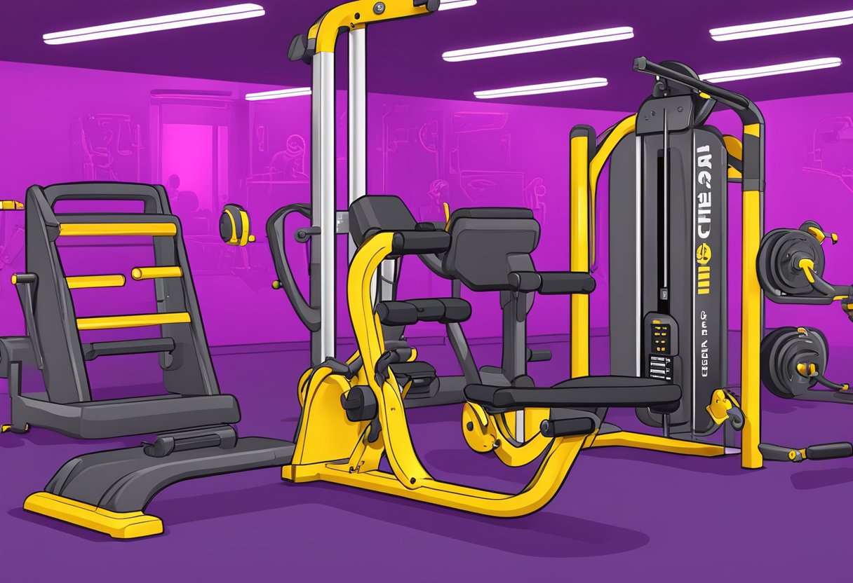 An ab crunch machine in a Planet Fitness gym, surrounded by other workout equipment and fluorescent lighting