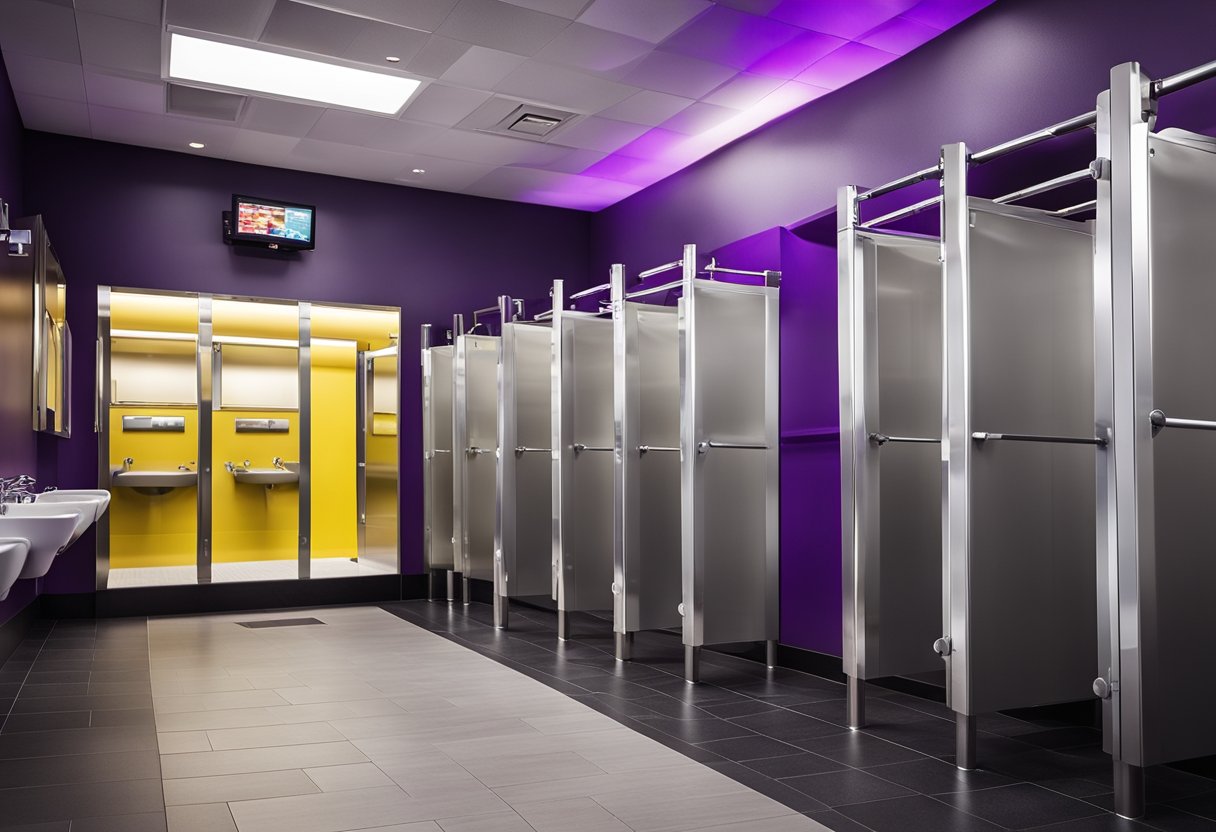 A row of individual shower stalls with opaque doors and a partitioned changing area at Planet Fitness