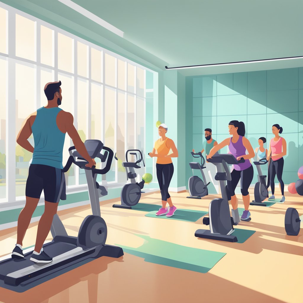 People in workout gear following an instructor in a brightly lit room with exercise equipment