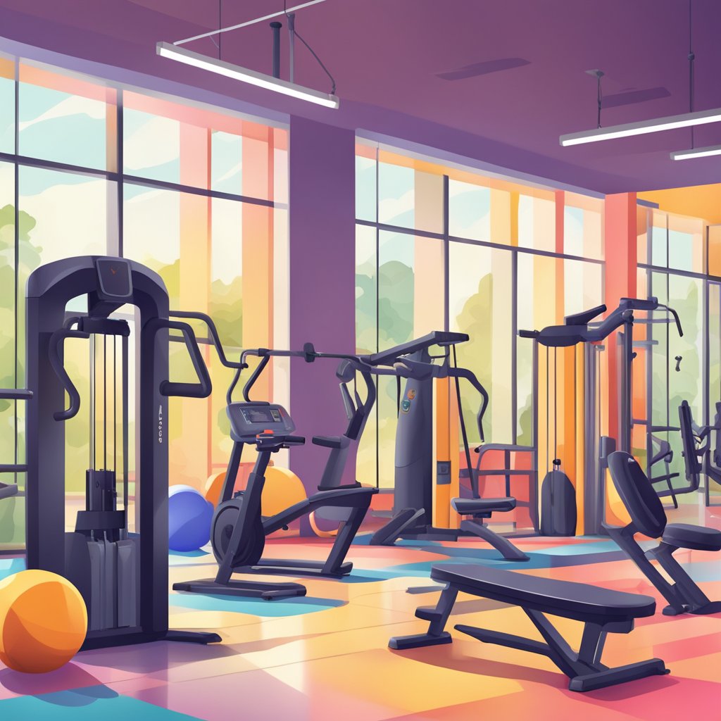 A colorful gym with exercise equipment and people working out