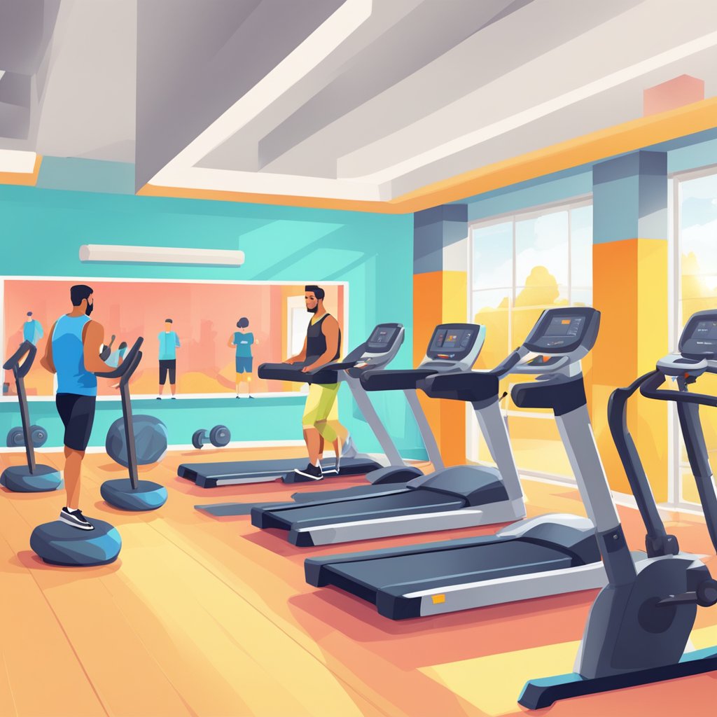 A colorful gym interior with exercise equipment and people working out