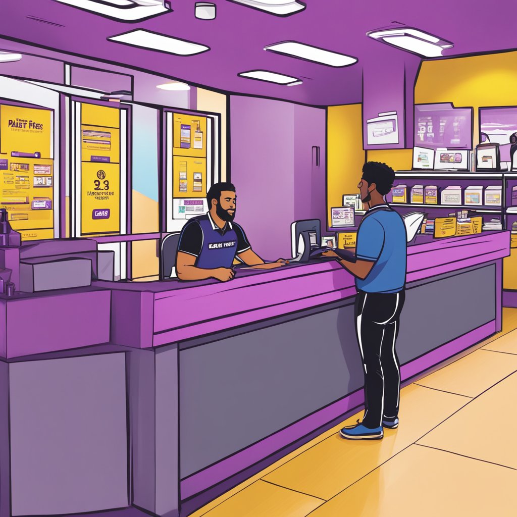 A person at the front desk of Planet Fitness selling a day pass to a customer