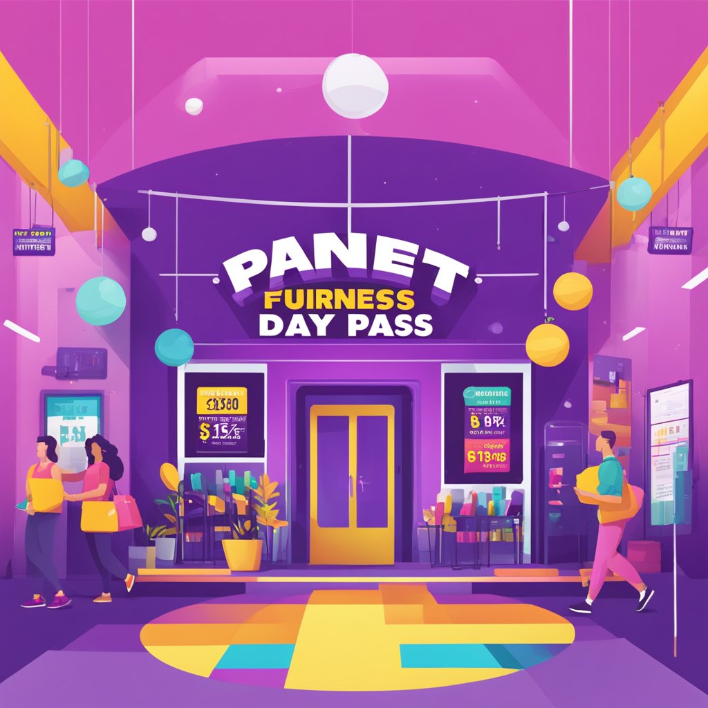 A colorful sign displays Planet Fitness day pass cost