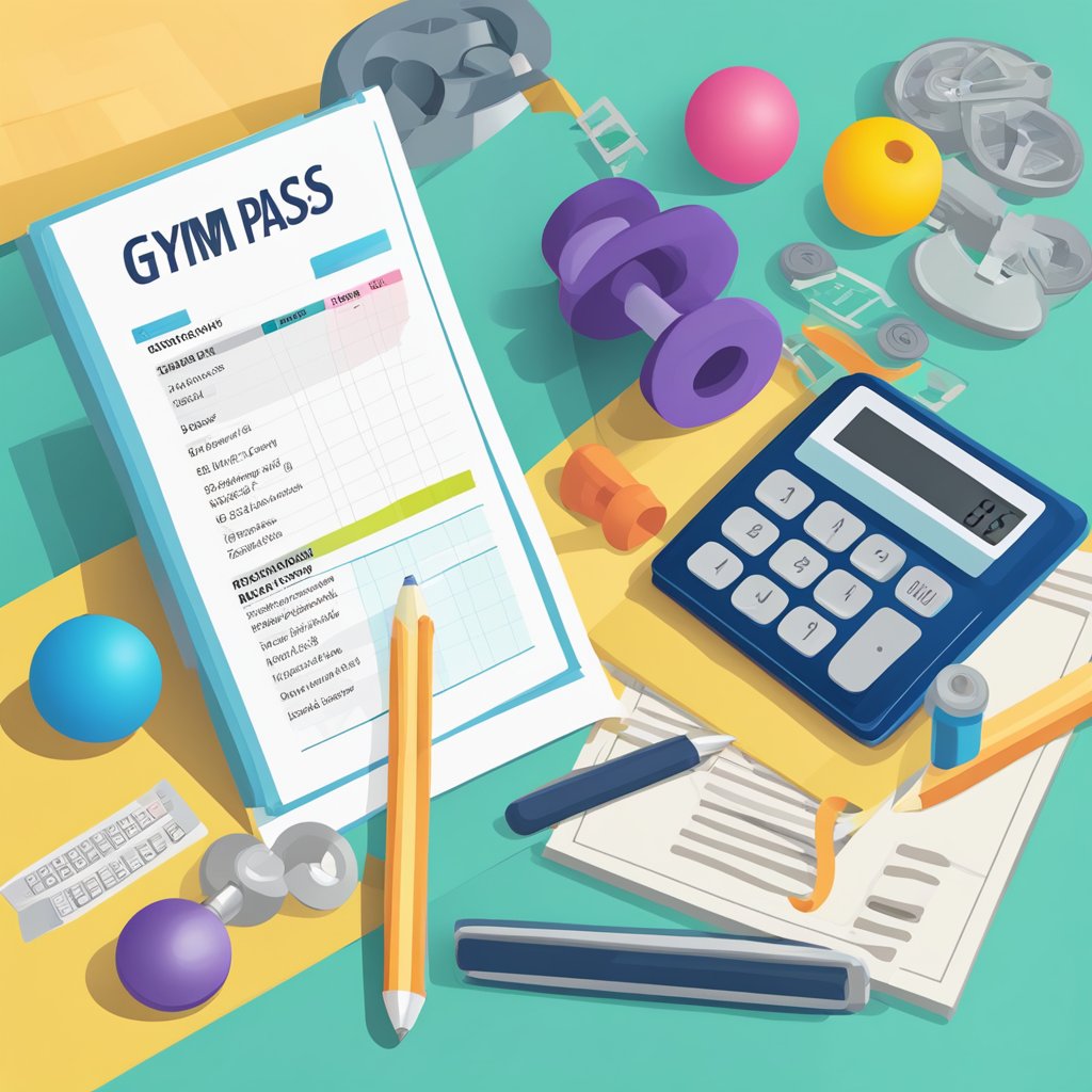 A bright, colorful gym pass sits next to a calculator and a list of alternative fitness options, symbolizing the comparison of value