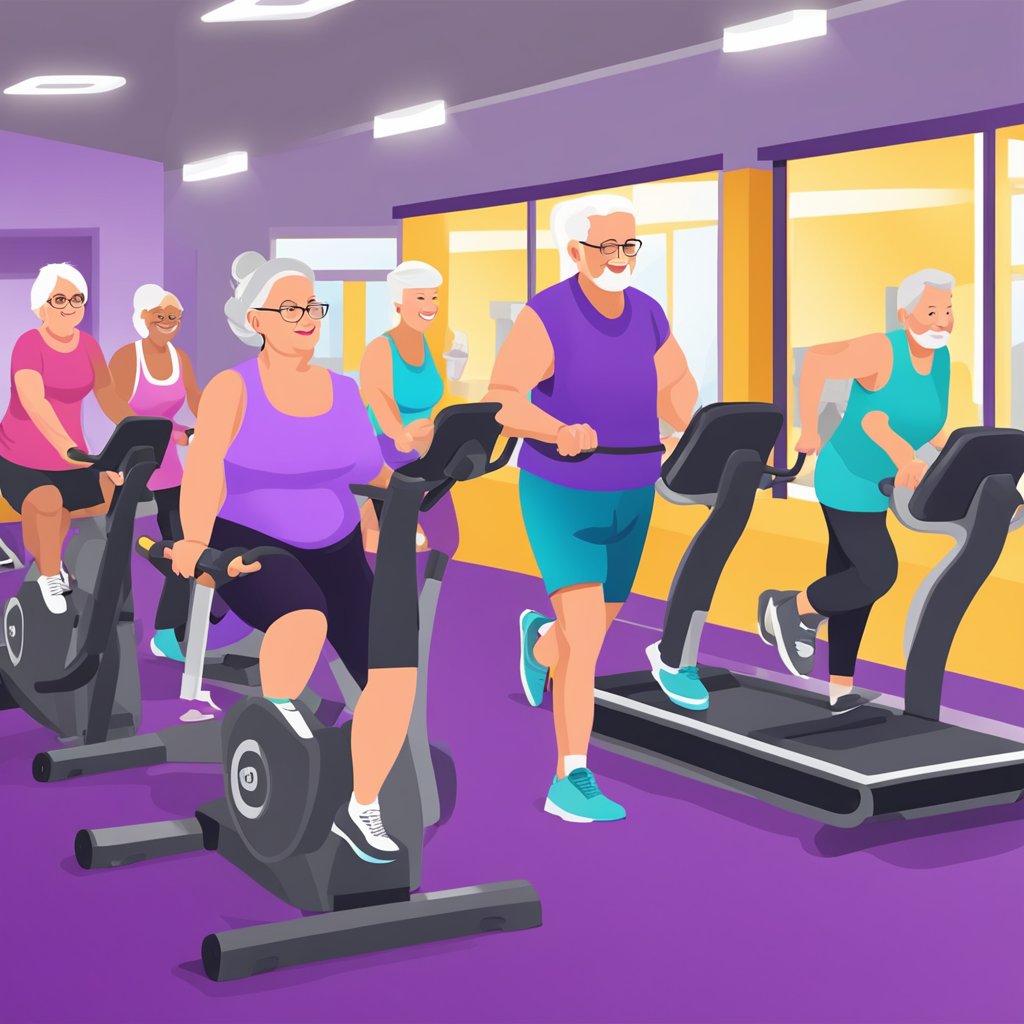 A group of seniors exercising at a Planet Fitness gym, with various fitness equipment and classes available for SilverSneakers members