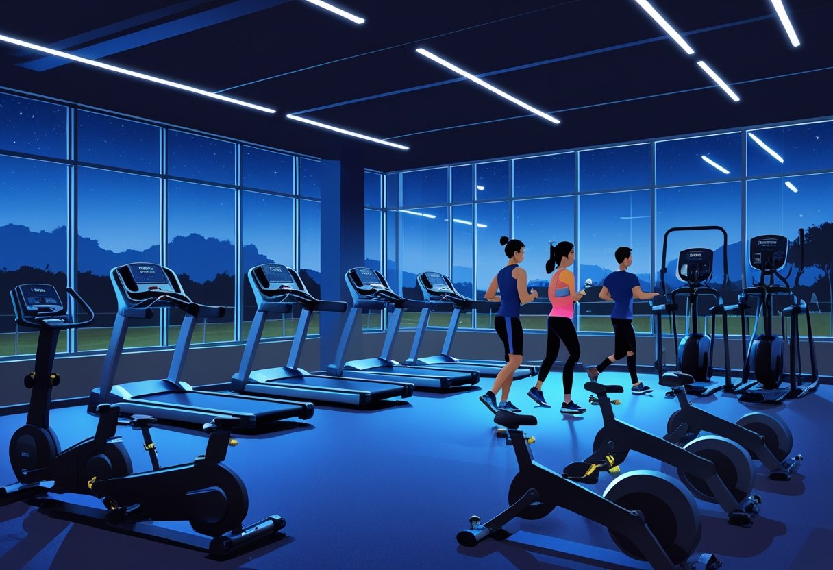 A brightly lit gym interior at night with people exercising on various fitness machines.